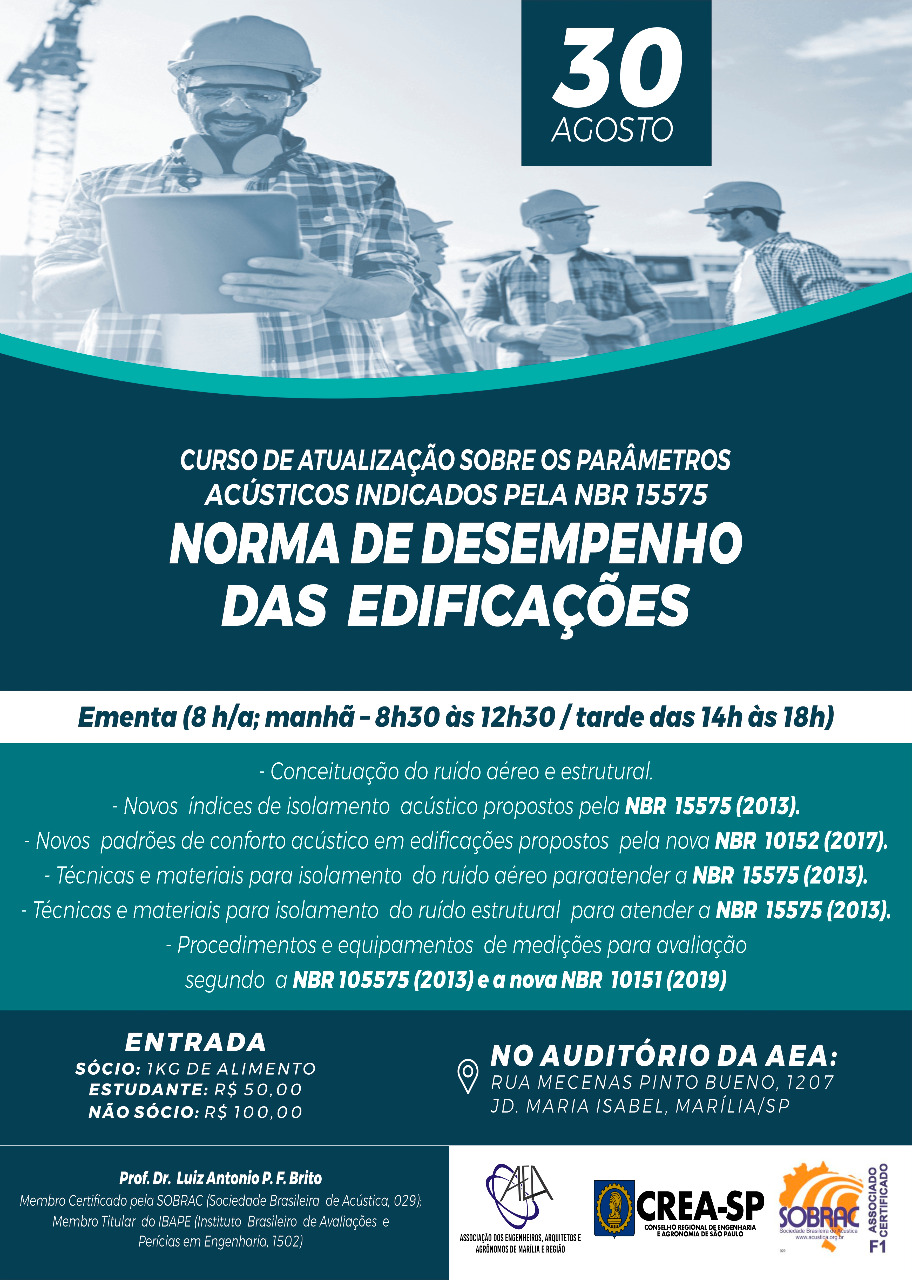 DIA 30/08 – CURSO ATUALIZAÇÃO SOBRE OS PARÂMETROS ACÚSTICOS INDICADOS PELA NBR 15575