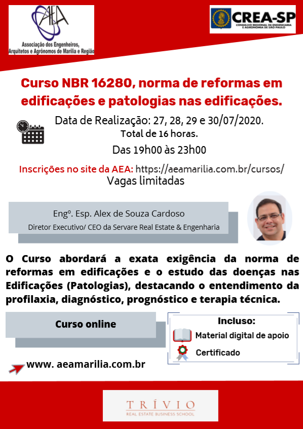 Curso NBR 16280 – (Reformas) e Patologias nas Edificações – 27, 28, 29 e 30/07 às 19h