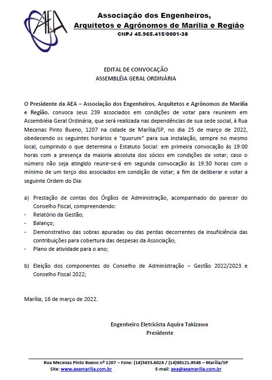 EDITAL DE CONVOCAÇÃO – ASSEMBLÉIA GERAL ORDINÁRIA – DIA 25/MAR ÀS 19H